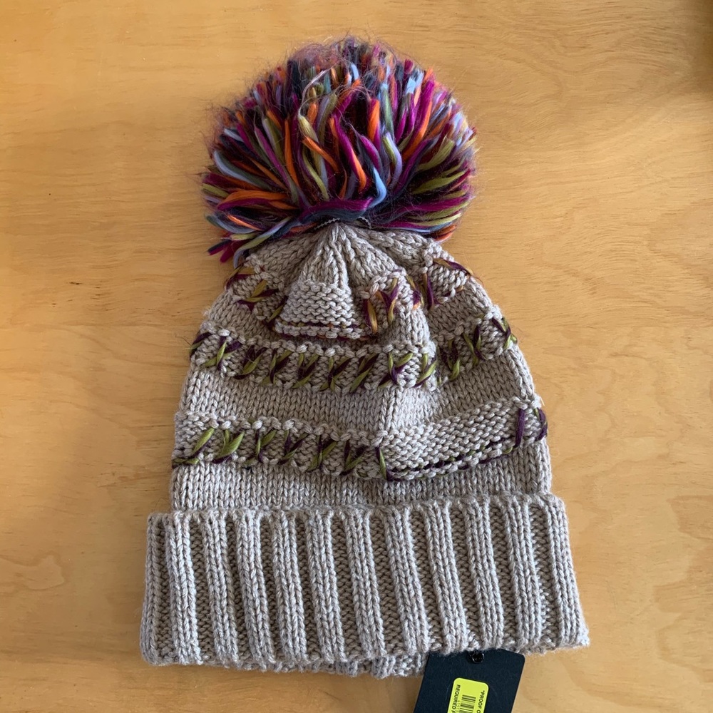 NWT Taupe Knit Hat with Large Multi Colored Pom - Picture 1 of 5